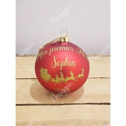 Boule de Noël rouge et or en verre personnalisée traîneau du père Noël